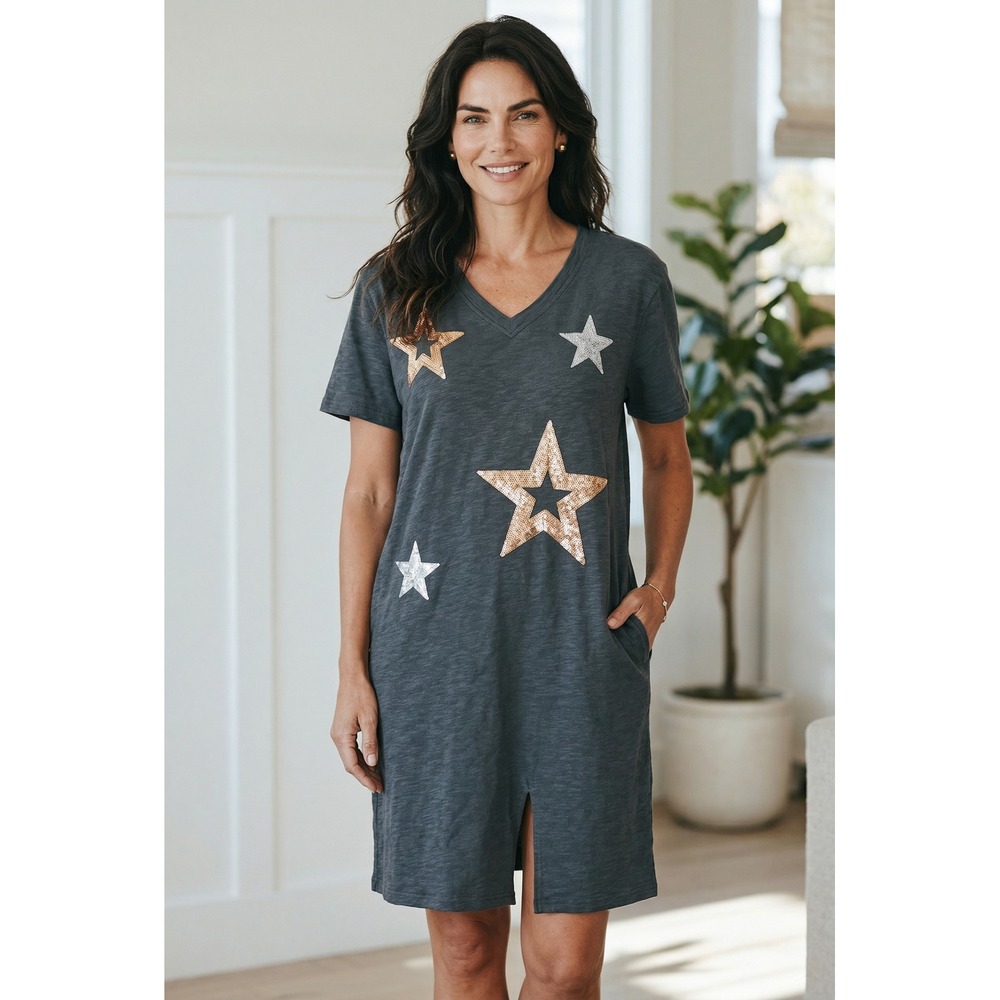 Joh Women Charcoal‎ Grey Sequin Star T-Shirt Dress V-Neck Short Sleeve Small